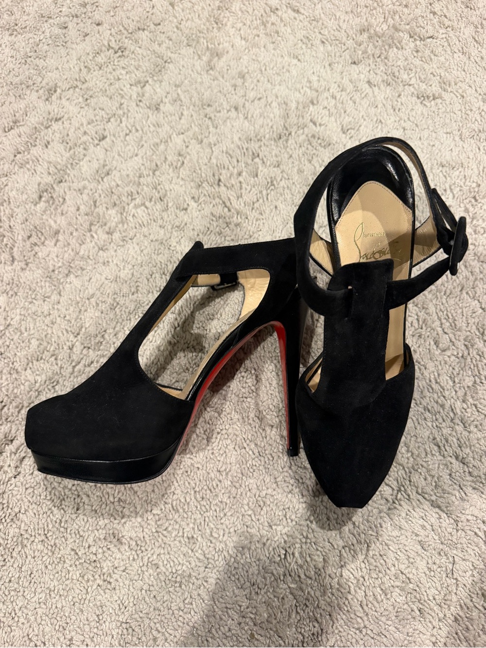 Christian Louboutin Orlan Black Suede T-Strap High Heel Pumps